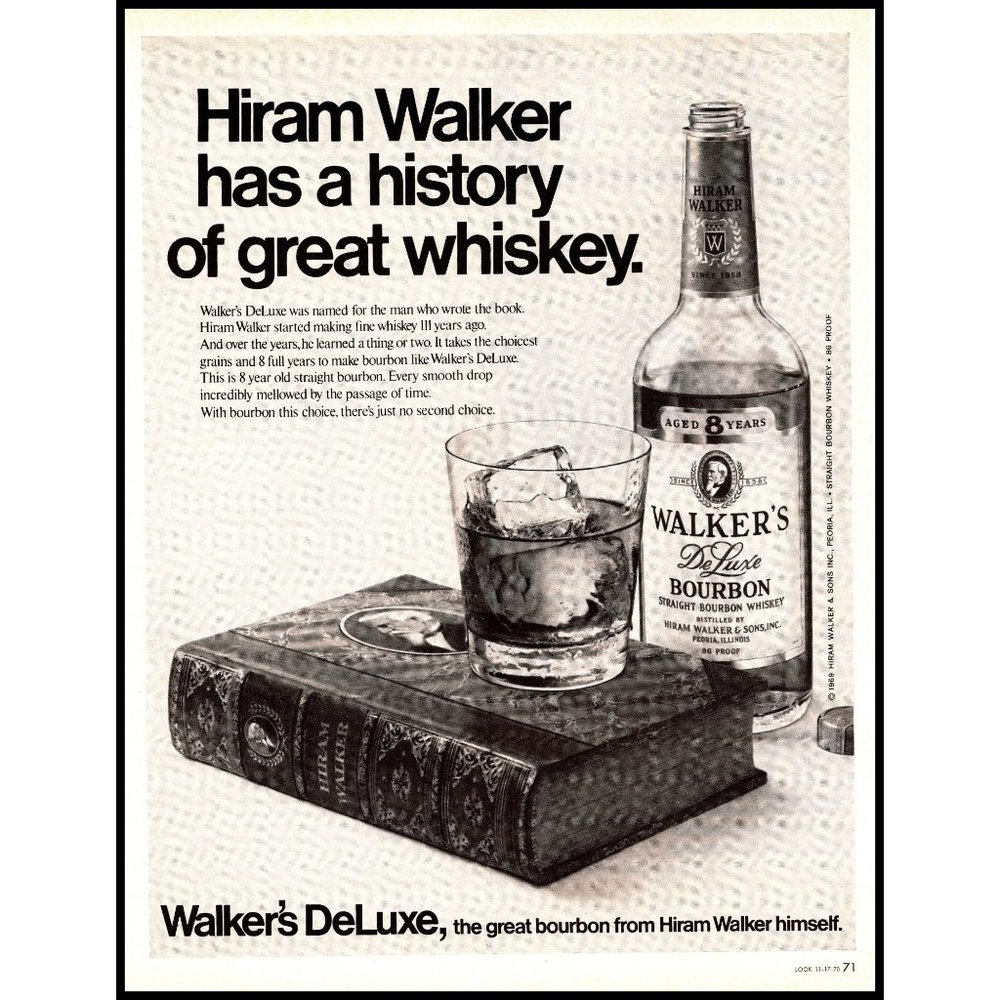1970 Walker's Deluxe Bourbon Whisky Vintage Print Ad Leather Bound Book Wall Art